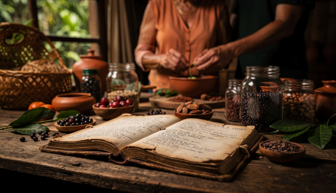 Amazonian kitchen counter with traditional ingredients spread out