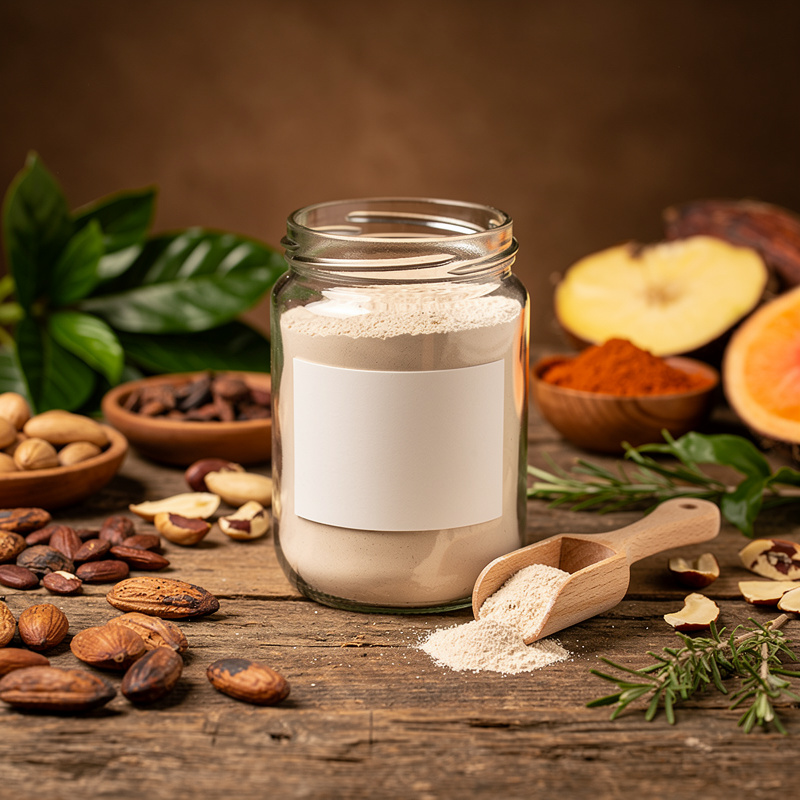 Guarana seeds and yerba mate leaves arranged on wooden cutting board